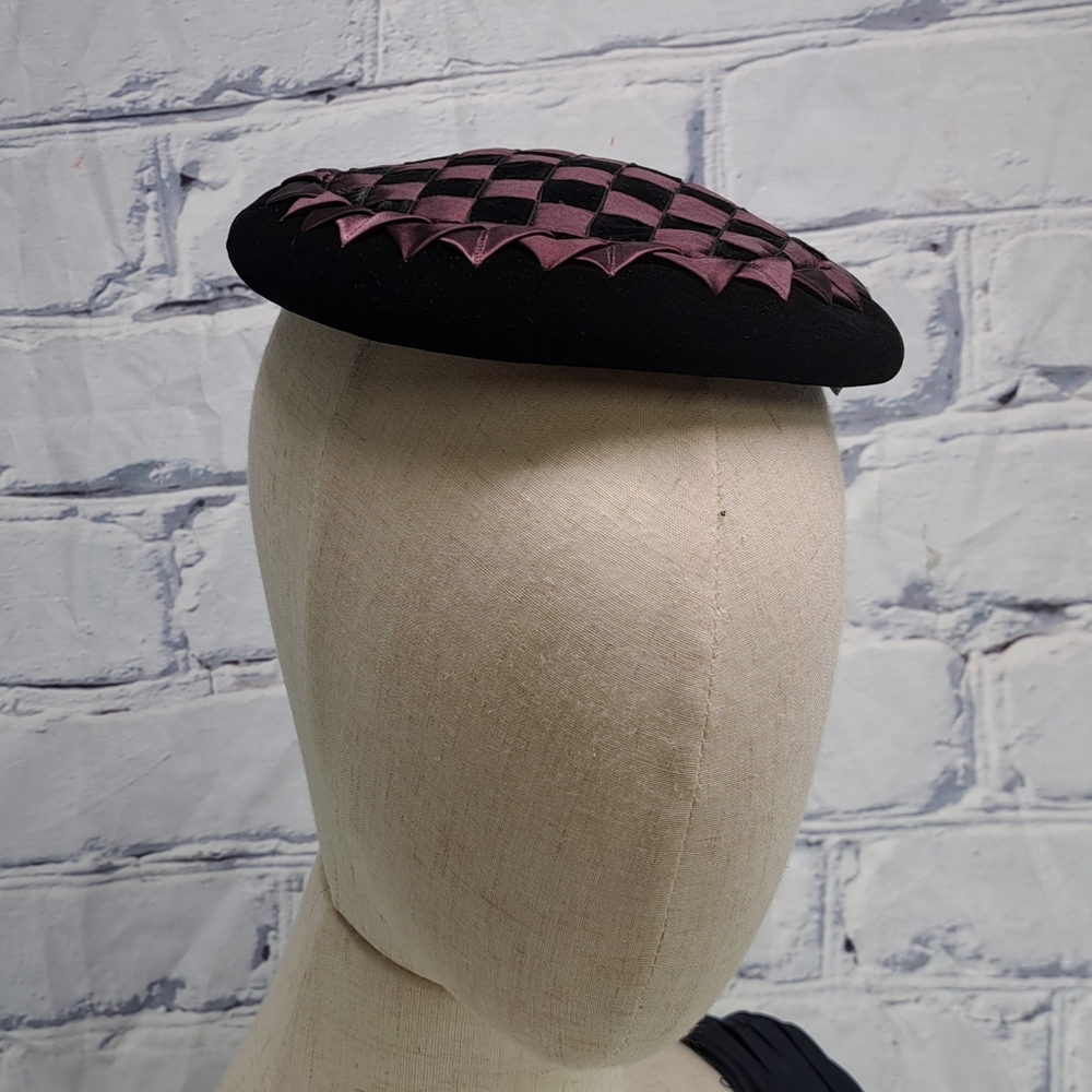Bonwitt Teller Women's Hat Velvet Check Purple Black Vintage 70s 60s - Picture 6 of 12